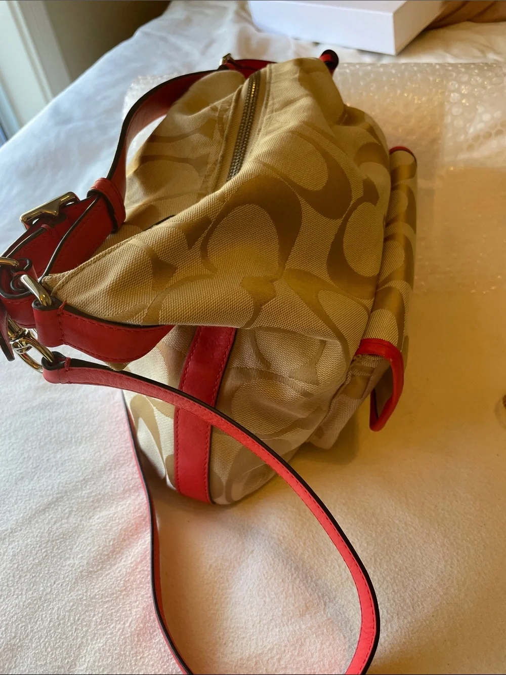 Coach Beige Gold and Canvas Crossbody with Coral Leather Trim